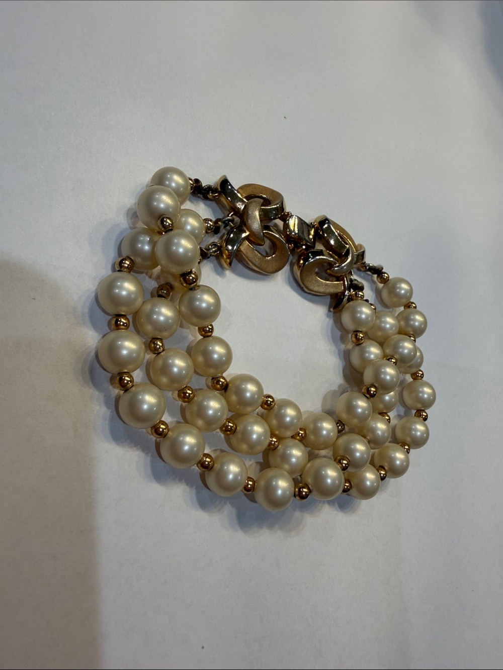Trifari Pearl and Gold-Tone Double Strand Bracelet